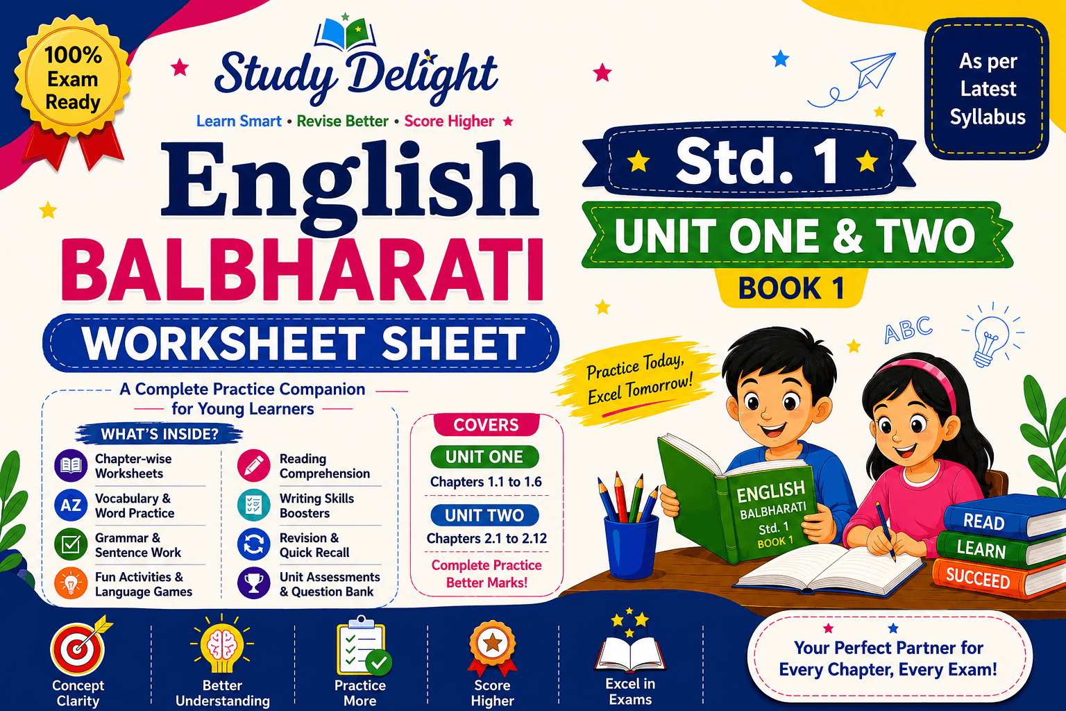 English STD 1 Bal Bharti, Two Units Book 1 worksheet plus basic language development guide.